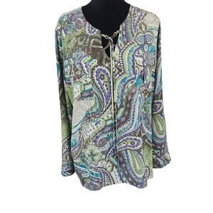 Chicos Top Women M Turquoise Paisley Cottage Core Colorful Bohemian Causal Boho